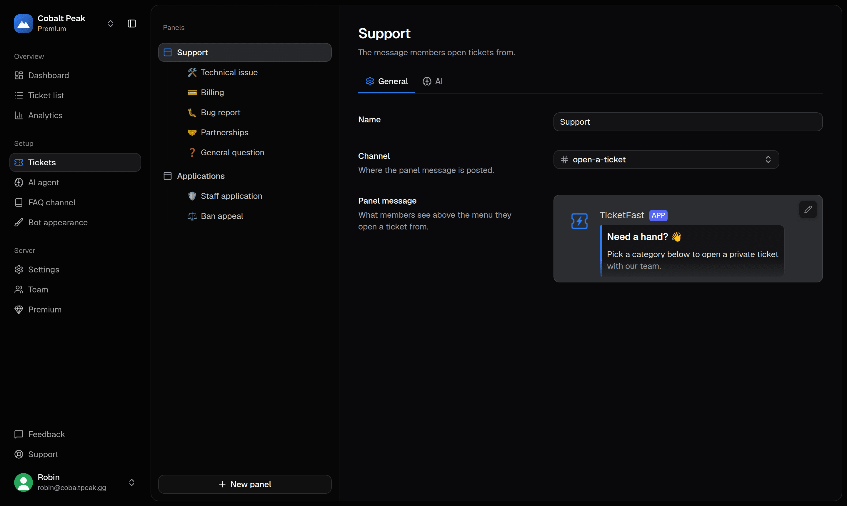 TicketFast dashboard showing ticket categories